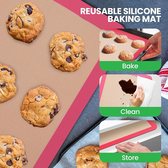 Silicone Baking Mats | 2 Non-stick Food-Grade Reusable Silicone Mats | Perfect for Half Baking Pans 16.5 x 11.6 IN | Oven-Safe Up to 480 Degrees F | Safe for Ovens, Freezers, & Dishwashers (Pink)