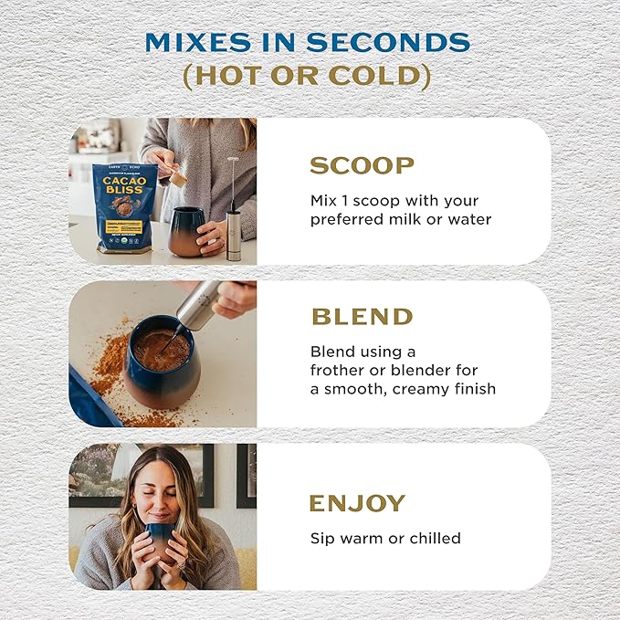 Earth Echo Cacao Bliss - Ceremonial Grade Organic Raw Cacao Powder with MCT Oil & Turmeric - Supports Energy Boost, Mindful Snacking & Focus - Unsweetened, Vegan, GMO & Gluten-Free, 30 Servings