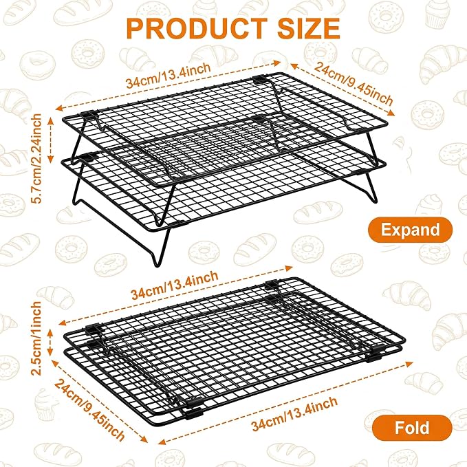 2 Pack Cooling Racks for Cooking and Baking, 13.4"x9.4" Nonstick Carbon Steel Wire Baking Rack, Foldable Cooling Racks for Cooking and Baking, 2-Tier Roasting and Drying Rack With 100 PCS Baking Paper | Foldable Legs,Stackable,Anti-slip,Smooth,Square g...