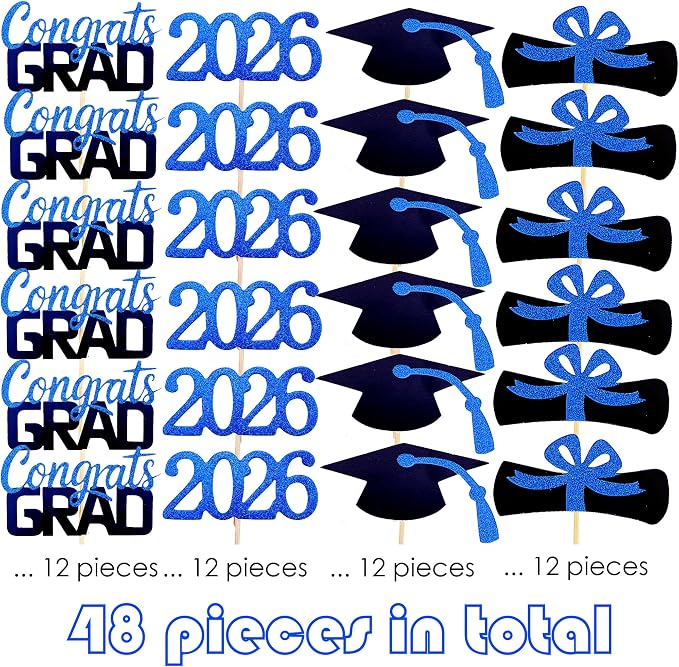 YuBoBo 2026 Graduation Cupcake Toppers, 48 PCS Food/Appetizer Picks For Graduation Party Mini Cake Decorations, Diploma, 2026, Grad Cap Set 48 Pieces (02 Blue)