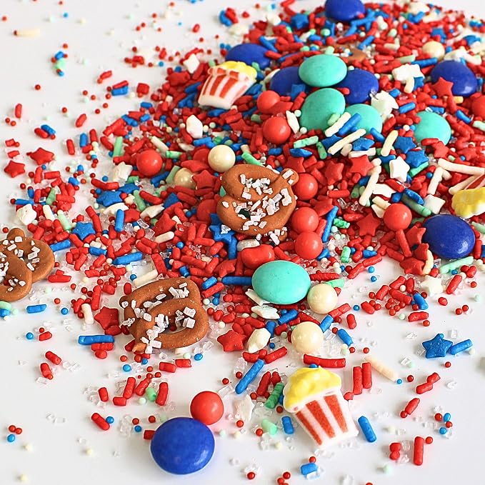 Sprinkle Pop Fairground Faves Sprinkle Mix, with ~6 Pretez & Popcorns, 2oz | fourth of July, independence, memorial, labor, veterans & patriotic day cake, cupcakes, cookies, ice cream dessert decoration