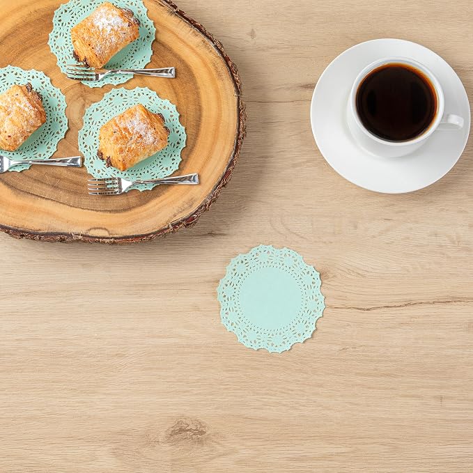 Pastry Tek 4 x 4 Inch Paper Lace Doilies, 4000 Disposable Table Doilies - Elegant Lace Finish, Long Lasting, Teal Paper Doily, for Pastries, Cupcakes, Desserts - Restaurantware