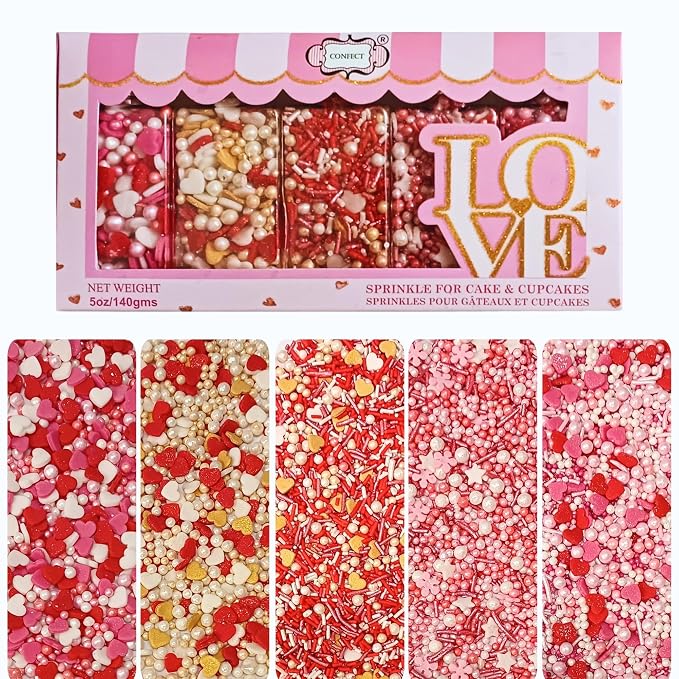 Confect Red, Pink & White Pearls Sprinkles | Mix Heart & Valentine Sprinkles | Sprinkles for Baking & Cake Decorative | Edible sprinkle Assorted Pack of 5 - Vegan, Gluten-Free, Nut-Free, Soy-Free, Dairy-Free, Palm Oil-Free -5 Oz