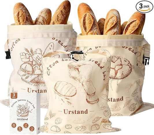 Beeswax Bread Bags for Homemade Bread, 3 Pack Large 16.9"x12.6" Reusable Natural Beeswax Lined Cotton Bags, Zipper and Lock Closure for Maximum Freshness, Zero Waste Kitchen Essential for Sourdough