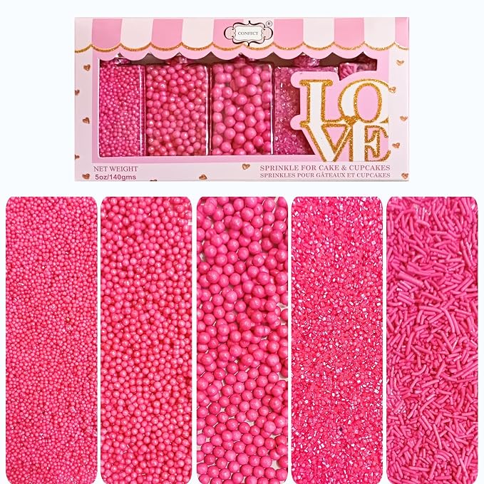 Confect Barbie Playtime Sprinkles Mix – Hot Pink Pearl Dragees, Jimmies & Sparkling Sugar – Assorted Pack of 5 Edible Sprinkles for Cake & Cupcake Decorating, Birthday Parties & Baking Fun | Vegan, Gluten-Free, Nut-Free, Soy-Free, Dairy-Free - 5 Oz