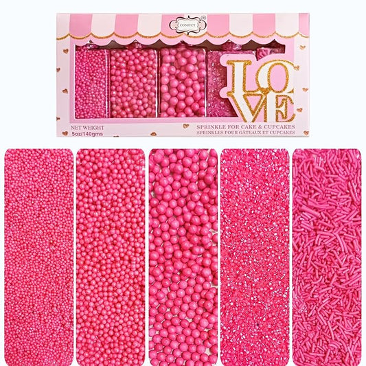 Confect Barbie Playtime Sprinkles Mix – Hot Pink Pearl Dragees, Jimmies & Sparkling Sugar – Assorted Pack of 5 Edible Sprinkles for Cake & Cupcake Decorating, Birthday Parties & Baking Fun | Vegan, Gluten-Free, Nut-Free, Soy-Free, Dairy-Free - 5 Oz