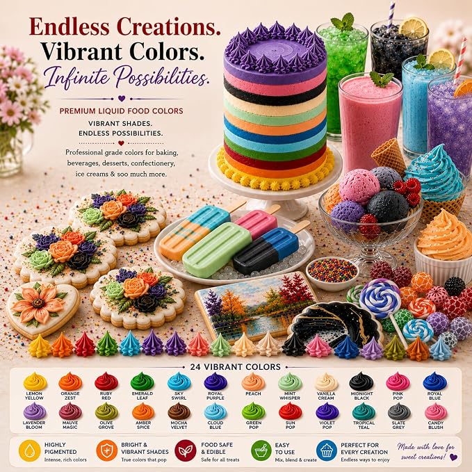 Confect Master Artist Water Color Food Coloring Set – Highly Pigmented Oil Based Food Colors for Cakes, Buttercream, Drinks, Popsicles & Baking – 24 Pack × 10mL