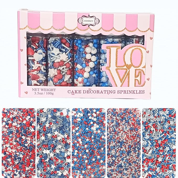 Confect Edible Cake Sprinkles | Assorted Pack of 5 Patriotic Mix Red, Blue, Silver & White Sprinkles | Mix Heart & Star Sprinkles For Cake & Cupcake Decorations | Vegan, Gluten-Free, Soy-Free, Dairy-Free, Palm Oil-Free- 5 Oz