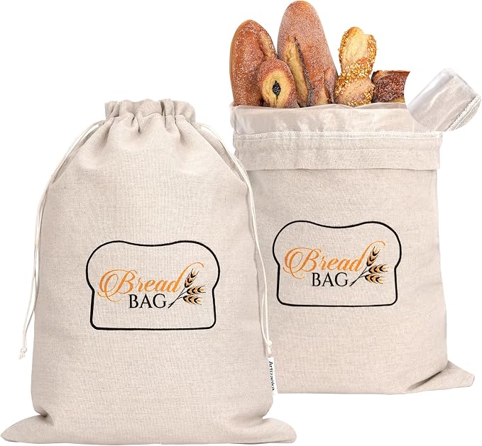 2 Linen Reusable Bread Bags for Homemade & Sourdough Breads with Plastic Liner and Drawstring, Reusable Food Storage 17" x 13" XL