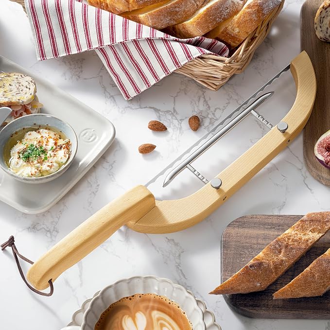 Adjustable Bread Bow Knife for Perfect Slices, Premium Wooden Frame, Tool-Free Blade Replacement, Multi-Thickness Cutter for Homemade Bread, Sourdough, Bagels, Loaves - Birch