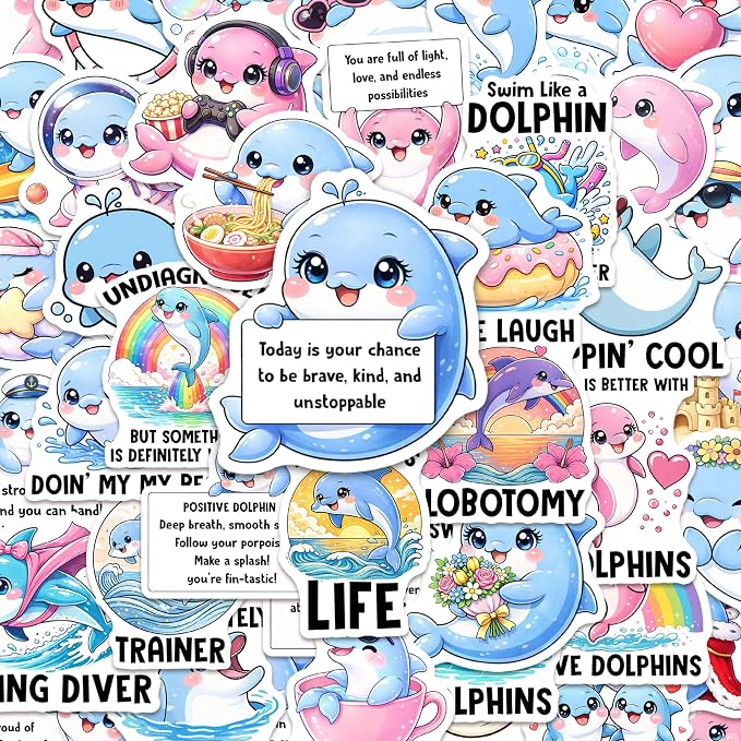 Dolphin Stickers 50PCS – Waterproof Vinyl Animals Sea Decals for Water Bottles, Laptops, Journaling – Non-Repeating Decals, High-Definition Print Gift