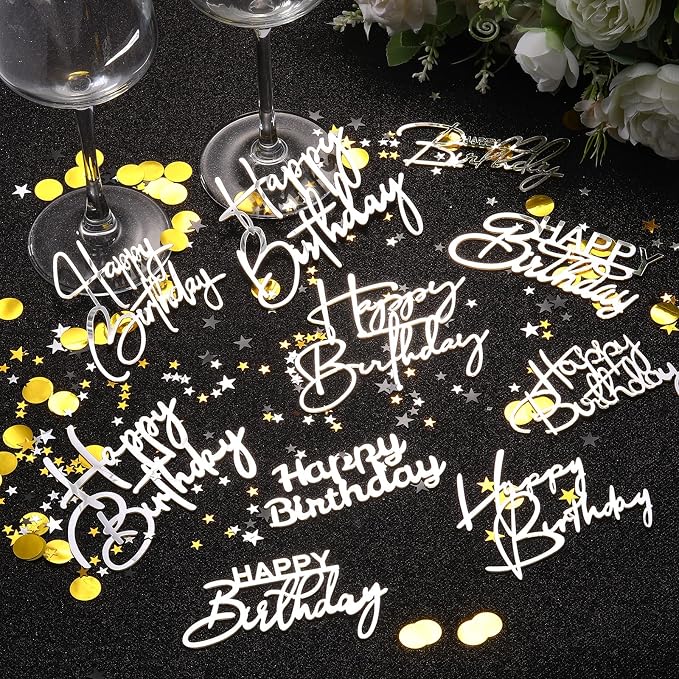 Barydat 50 Pcs Happy Birthday Cake Toppers Bulk Mirror Acrylic Cupcake Topper Decorations Happy Birthday Sign for Cake Inserts Decor Celebrate Anniversary Theme Party Supplies 10 Style(Silver)