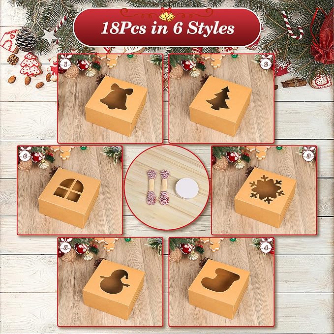 COTOPHER 18Pcs Christmas Cookie Boxes with Window, 6x6x3 inch Kraft Brown Bakery Boxes for Gift Giving,Small Treat Boxes for Cake Donuts Chocolate Strawberries Pastries Muffins
