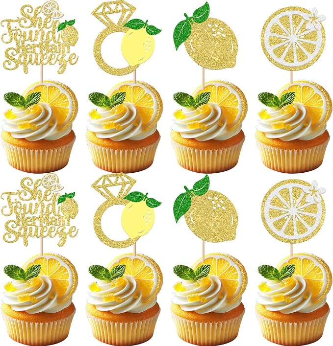 Rsstarxi 24 Pack She Found Her Main Squeeze Cupcake Toppers Diamond Ring Glitter Lemon Cupcake Picks for Bridal Shower Wedding Engagement Bachelorette Party Cake Decorations