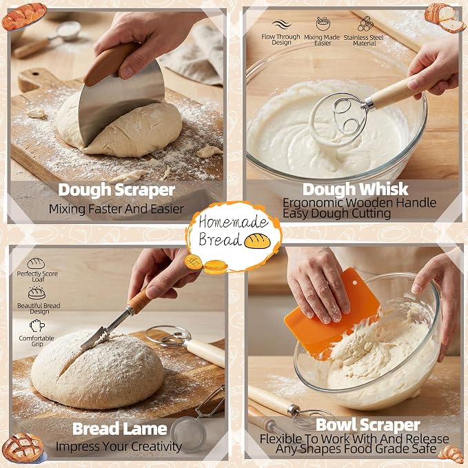 LOCONHA Sourdough Starter Kit, Sourdough Bread Baking Supplies Making Tools， Includes Round & Oval Banneton Bread Proofing Basket, Sling, Jar, Whisk, Scrapers, Stencils & Bag