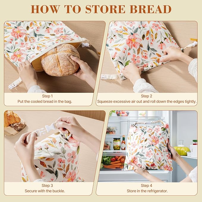 Beeswax Bread Bag, 2 Pack Sourdough Bread Bags, Reusable Bread Bags for Homemade Bread, Organic Cotton Beeswax Sourdough Bags, Wildwood Bloom Series