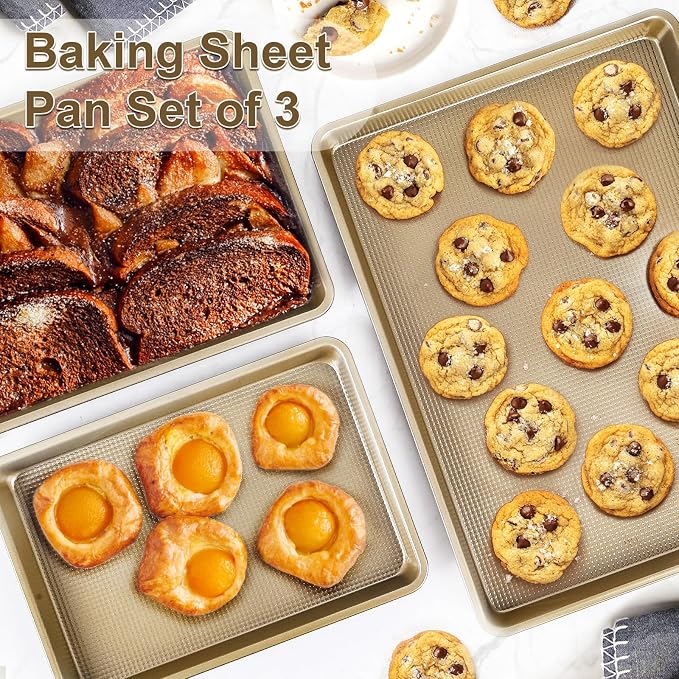 Baking Sheet Pan Set of 3 | Nonstick Cookie Sheets for Baking Supplies | No Rust & No Toxic Carbon Steel Half Sheet Pan+Jelly Roll Pan+Quarter Sheet Pan Set | Heavy Duty Baking Tray for Oven