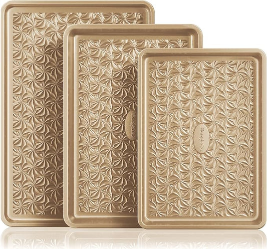 HONGBAKE Nonstick Baking Sheet Pan Set of 3, Cookie Sheets for Oven, Non-Toxic Half/Quarter/Jelly Roll Pans with Floral Swirl Texture, Heavy Duty 0.8mm Thick Oven Trays for Cooking, Antique Gold