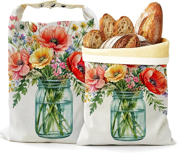 2 Pack Beeswax Watercolor Spring Flower Bread Bags for Sourdough Homemade Breads, Reusable Beeswax Bread Storage Bag, Keep Loaves Fresh Longer, Freezer Safe & Airtight, Zero Waste 17 x 13''