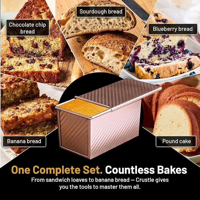 5-Pack Pullman loaf pan with Lid – Sourdough Loaf Pan Set, Includes Dough Scraper, Whisk, Silicone Cleaning Brush & Bread Cutter – Long Loaf Pan with Lid for Homemade Loaf