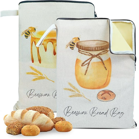 2 Packs Wide Zipper Access Beeswax Bread Bags for Homemade Bread,Linen Outer Lining and Pure Cotton Beeswax Inner Lining Moisture-proof Construction,Reusable XLBread Bag with Zip Keeps Fresh Longer