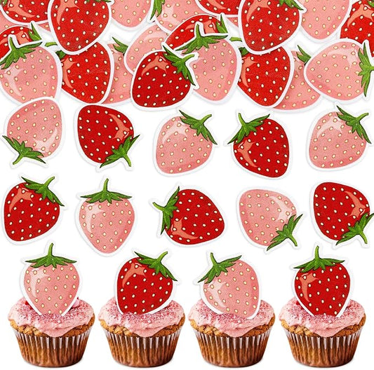 40Pcs Edible Cute Strawberry Cupcake Toppers Red Starwberry Cupcake Picks Pink Strawberries Drink Toppers for Baby Shower Boys Girls Birthday Cake Decors Sweet Fruit Party Decorations