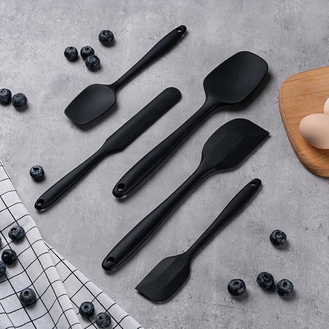 Silicone Spatula Set, 5 Piece Food Grade Rubber Spatulas for Baking, Cooking, and Mixing High Heat Resistant Non Stick Dishwasher Safe BPA-Free (Black)