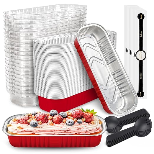 NPLUX 50 PACK Mini Cake Pans with Lids and Spoons, Rectangular Aluminum Foil Bread Pan, Mini Loaf Pans and Food Containers with Lids for Graduation Gifts Party Favors(Red, 6.8oz)