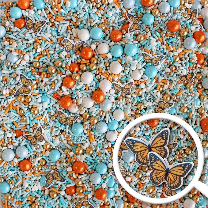 Sprinkle Pop Monarch Butterfly Sprinkle Mix| Blue Orange Sprinkles with ~10 Butterfly Wafer Paper and Gold Dragees| Decorating Sprinkles Made In USA for Mother’s Day Cupcakes Cakes Cookies Donuts, 2oz