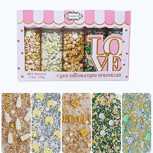 Confect Neutral Baby Shower Sprinkles | Mix Pearls, Star & Baby Feed Bottle Sprinkles | Gender Reveal Sprinkles | Pack of 5 Edible Sprinkle | Vegan, Gluten-Free, Nut-Free, Soy-Free, Dairy-Free, Palm Oil-Free - 5 Oz