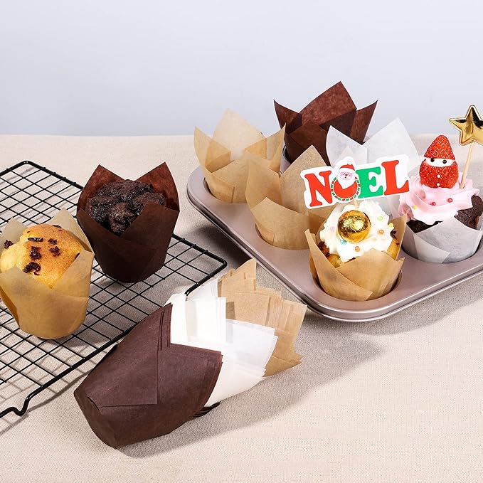Bake Choice 200pcs White Tulip Cupcake Liners for Baking Cups European Parchment Paper Tulip Muffin Liners,Nordic Paper Cupcake Wrapper for Party, Christmas