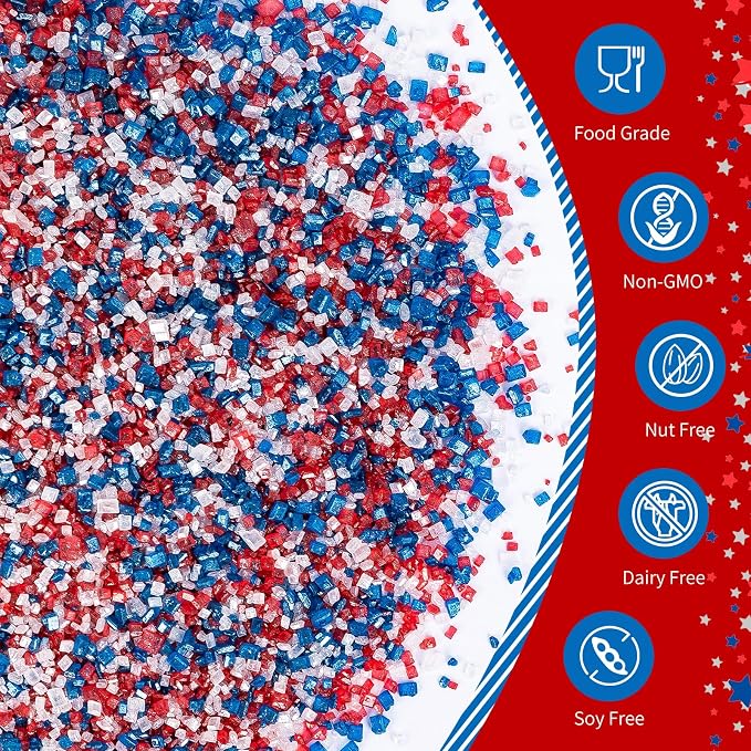 Patriotic Sanding Sugar Sprinkles,July 4th Edible Sprinkle Mix for Baking Decorations,150g/5.3oz,Blue Red and White Edible Sugar Crystals for Cake Decorating,Cookies,Ice Cream,Fondant Cake,Caramel Apples,Cupcakes,Desserts, May Day,Memorial Day,Flag Day...