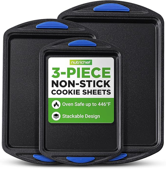 NutriChef 3-Piece Nonstick Cookie Sheets for Baking – Carbon Steel Stackable Bakeware Set w/ Silicone Handles - Non Toxic Baking Pan - Durable & Wrap Resistance, Oven Safe - Easy cleanup