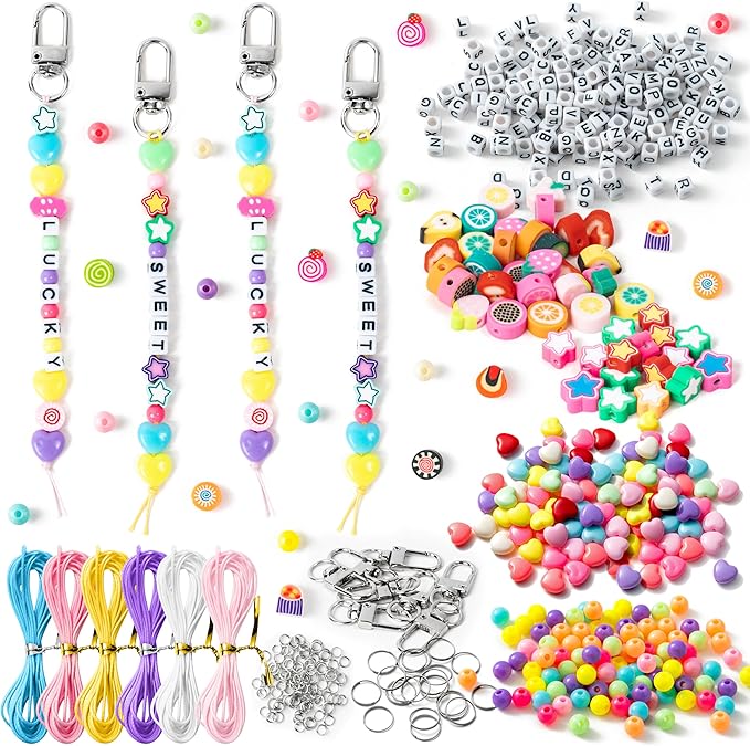WATINC DIY Macaron Bead Keychain Kit - Bag Charms Cute Beads Bracelet Necklace Making Craft Kits, Letter Beads for Jewelry Accessories Festival Party Gift Favor for Women Men（1392Pcs