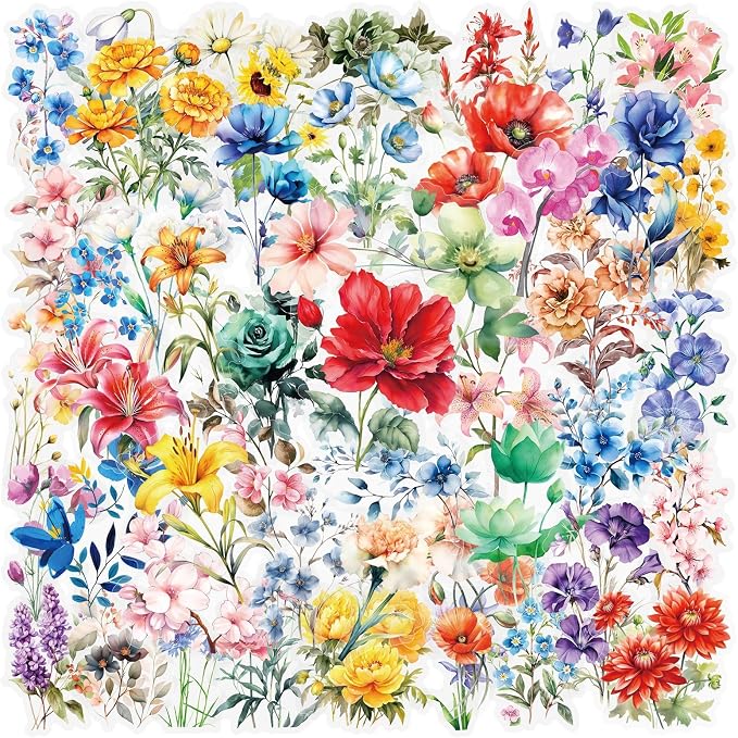 Transparent Watercolor Floral Stickers - 50PCS Aesthetic Flower Stickers Waterproof PET Decals for Journaling, Scrapbooking, Water Bottles, Laptops, Perfect for Plant Lovers & Craft Enthusiasts