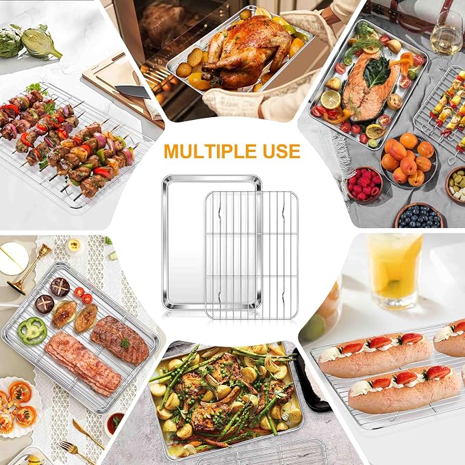 Homikit Quarter Sheet with Rack (1 Pan + 1 Rack), 9x13 Stainless Steel Baking Pan with Wire Cooling Rack for Toaster Oven Roasting, Metal Bacon Cookie Trays Nonstick & Rust Free, Dishwasher Safe
