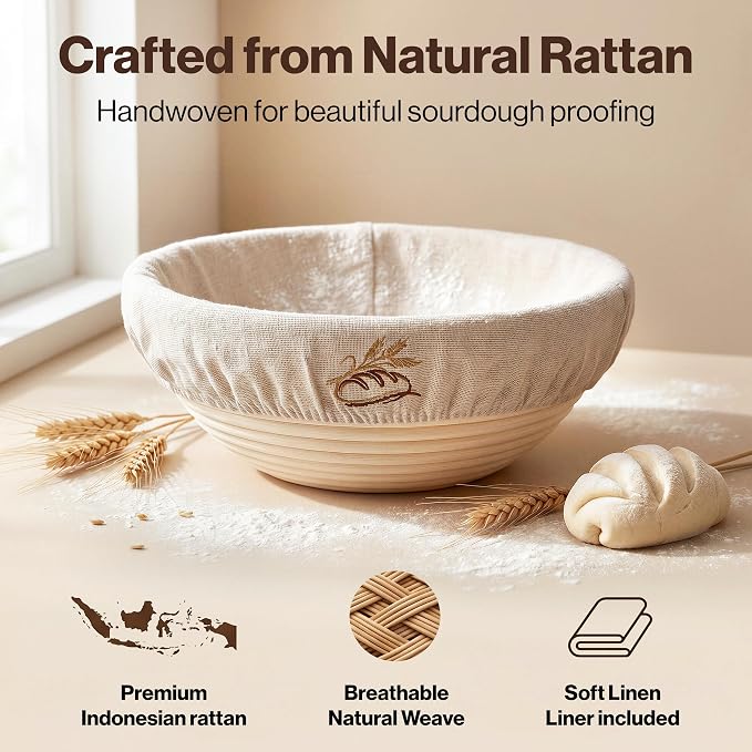 EDELHAUS Banneton Proofing Basket Complete Set Round – Complete Sourdough Bread Baking Kit with Banneton Basket, Dough Tools, Sourdough Starter Jar, Bread Lame, Bench Scraper & Baking Mats