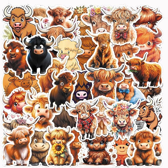 Highland Cow Stickers,50PCS Waterproof Funny Highland Cow Decals for DIY Crafts Water Bottles Laptops Phone Cases Aesthetic Cow Animal Stickers for Cow Lovers