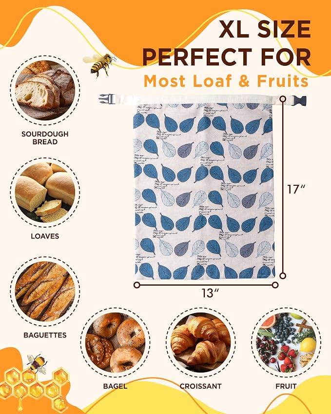 Reusable Beeswax Bread Bag for Homemade Bread, Extra Large Cotton Sourdough Bread Storage Bags, Freezer Safe Bread Keeper for Baker