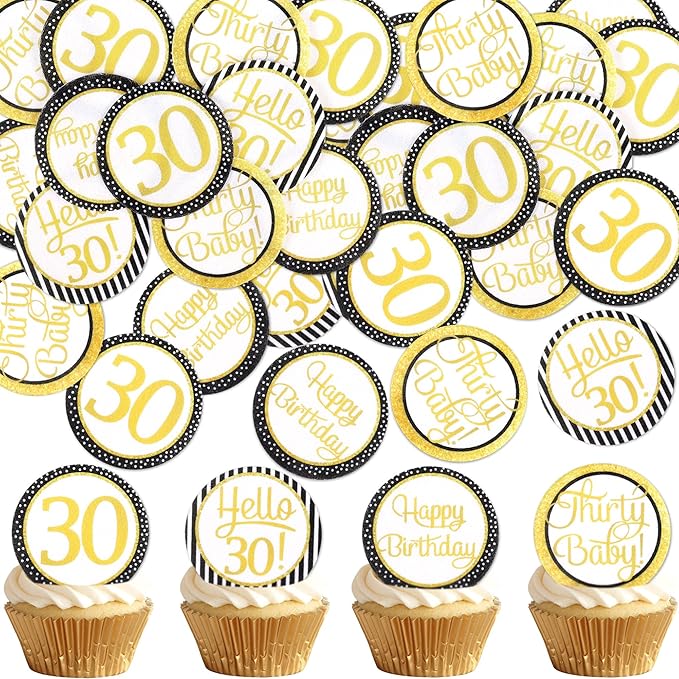 40Pcs Edible Circle Happy 30th Birthday Cupcake Toppers Edible Golden Hello 30 Thrity Baby Cupcake Picks Drink Toppers for Funny 30th Birthday Party Decorations