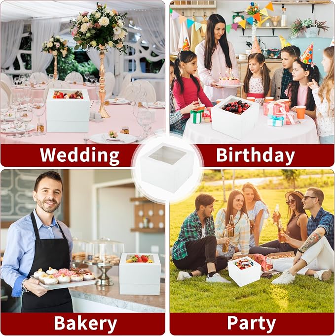 Large Baking Boxes,Set of 10 12x12x8 Inch with Window and 10 Cake Boards,Stikers and Ribbon,Square Cardboard Cake Boxes for Multi-Layer Cakes
