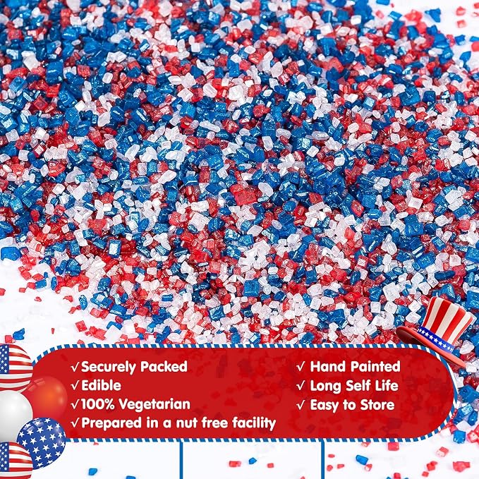 Patriotic Sanding Sugar Sprinkles,July 4th Edible Sprinkle Mix for Baking Decorations,150g/5.3oz,Blue Red and White Edible Sugar Crystals for Cake Decorating,Cookies,Ice Cream,Fondant Cake,Caramel Apples,Cupcakes,Desserts, May Day,Memorial Day,Flag Day...