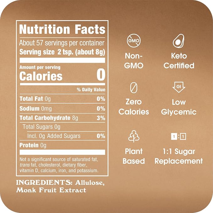 Monk Fruit In The Raw Sweetener Baker's Bag, 16 oz., Keto Certified Monk Fruit with Allulose Sweetener, Zero Calories, Zero Net Carbs, Non-GMO Project Verified