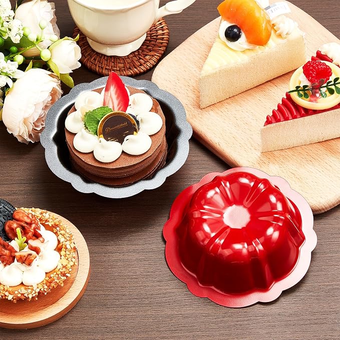 Ctosree 24 Pcs 4 Inches Fluted Mini Cake Pan Nonstick Fluted Cake Pan Carbon Steel Tube Metal Tube Oven Baking Mold with Flower Shape for Cupcake (Red)