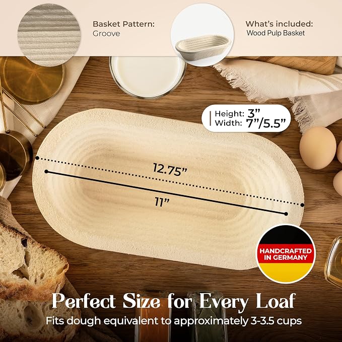 Wood Pulp Banneton Bread Proofing Basket – 13" Oval 1.5LB Brotform, Grooved Pattern– Non-Stick Natural Wood Pulp Pressed for Durability– Made in Germany Proofing Basket for Sourdough Bread Baking