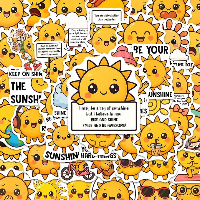 Sun Stickers 50PCS – Waterproof Vinyl Positive Sunshine Decor for Water Bottles, Laptops, Journaling – Non-Repeating Decals, High-Definition Print Gift for Womens