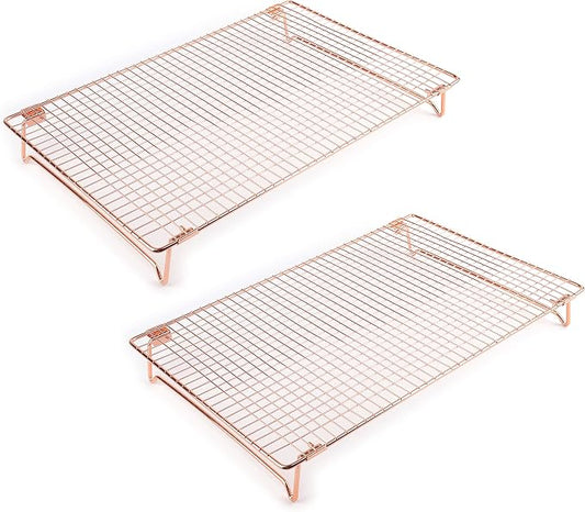 Kingrol 2 Pack Stainless Steel Cooling Racks with Collapsible Folding Legs, Stackable Grid Wire Racks for Cooking and Baking, Copper-Tone