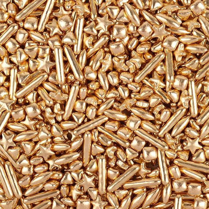 Gold Star Sprinkles for Cake Decorating 3.5 oz Assorted Sugar Cupcake Topper, Cookies, Perfect for Xmas，Wedding, New Year’S Eve Party (Cube, Jumbo Rice, Star, Rods, Triangle Sugar)