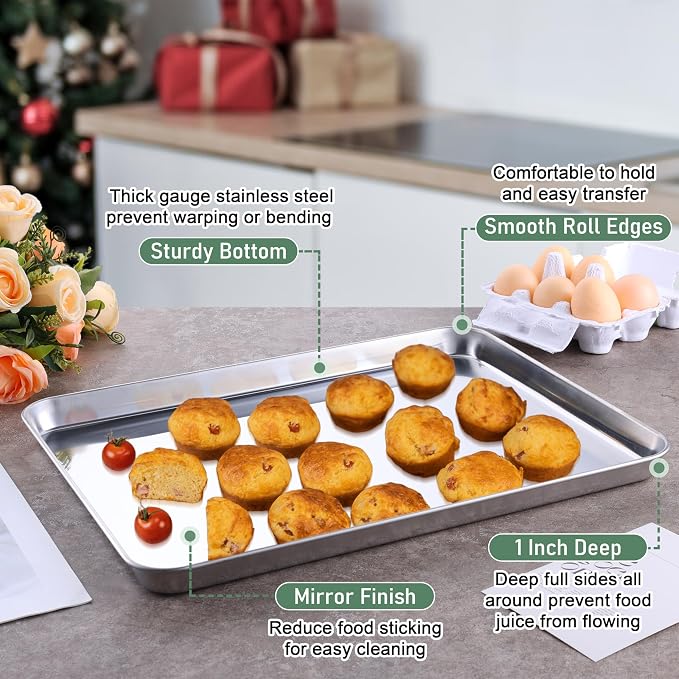 Homikit Half Baking Sheet with Wire Rack (1 Pan+1 Rack), 18" x 13" Stainless Steel Cookie Sheet Pan with Grid Cooling Rack Set for Baking, Large Bacon Tray for Oven Cooking Roasting, Dishwasher Safe