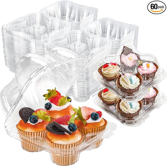 NPLUX 4 Compartment Cupcake Containers 60 Pack Cupcake Holder with Connected Airtight Lid Cupcake Boxes for 240 Cupcakes Muffins, BPA Free, Standard Size